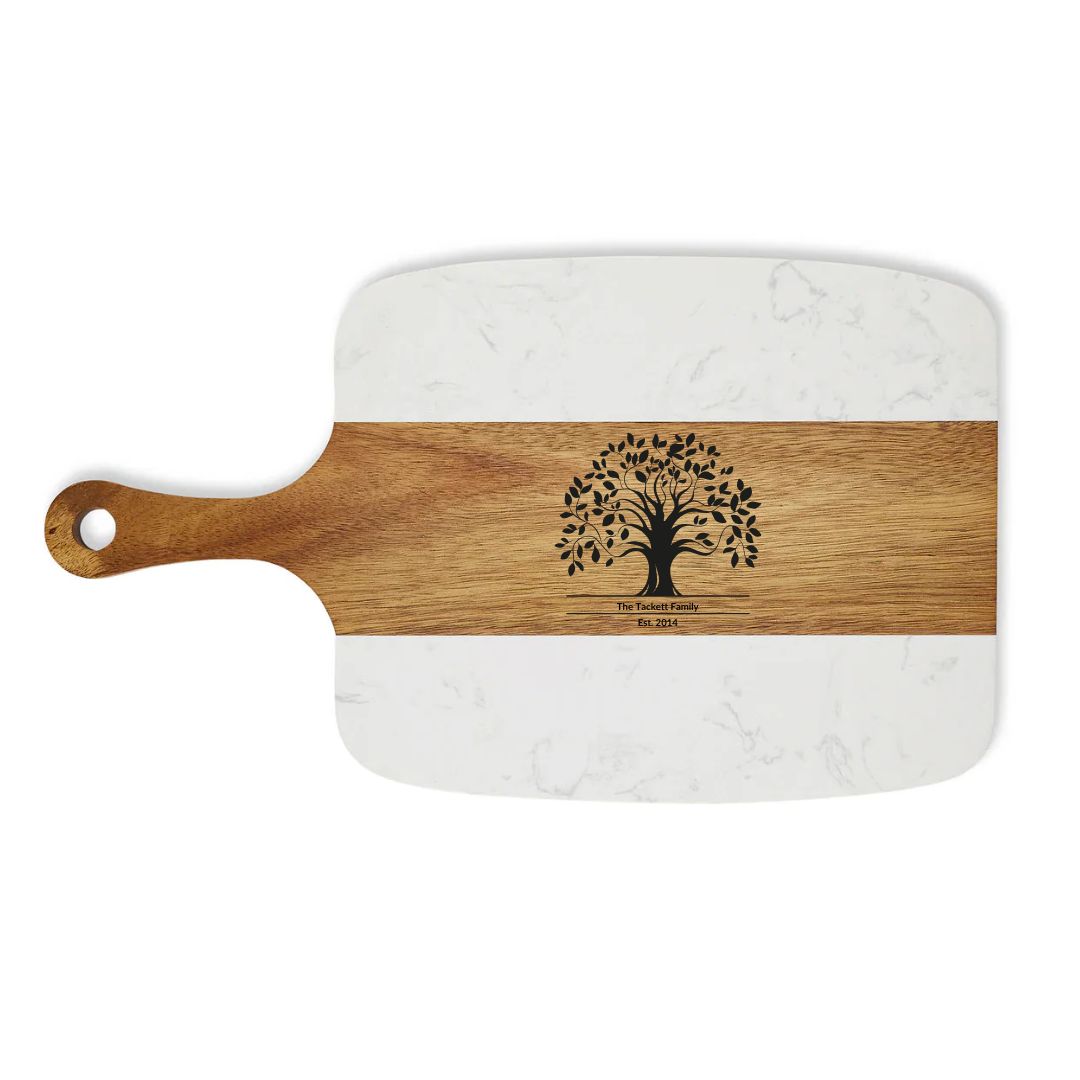 Personalized Marble and Acacia Serving Board with Utensils