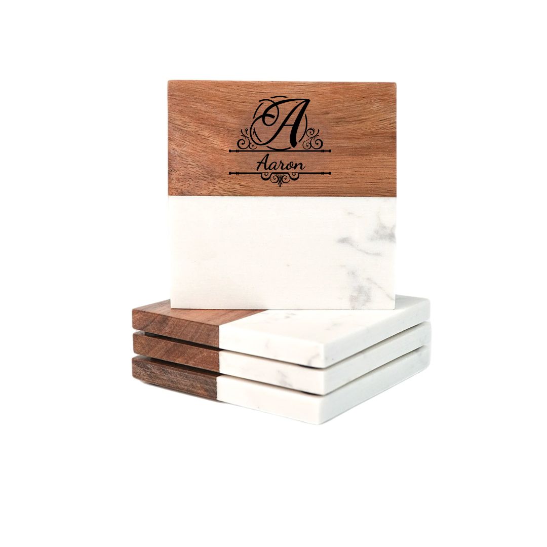 Personalized Marble and Acacia Wood Coaster Set