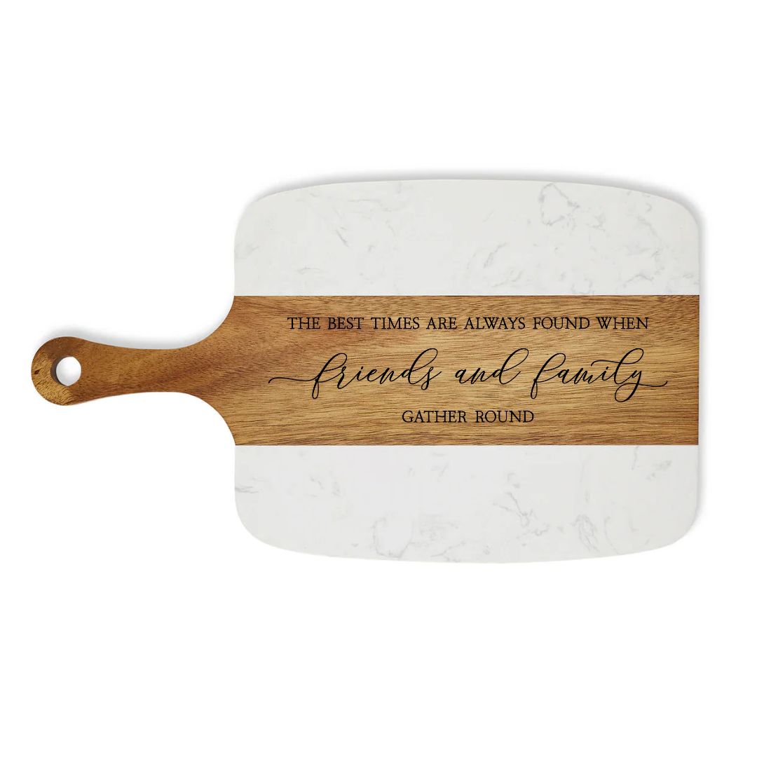 Personalized Marble and Acacia Serving Board with Utensils